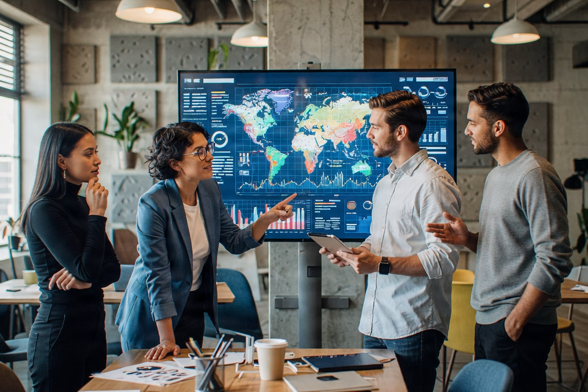 A group of diverse professionals in a strategy meeting, looking at a digital screen.